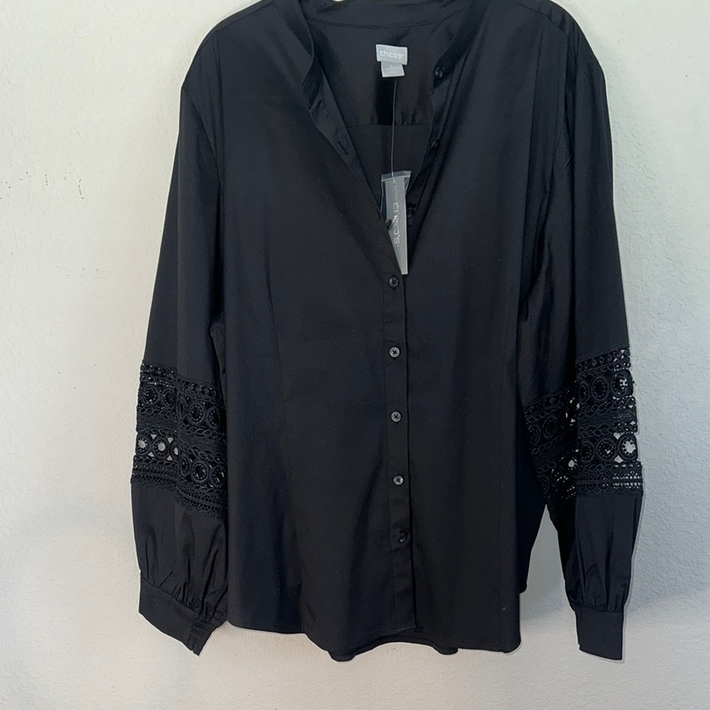 Black Button Down Shirt with Lace Sleeves‎